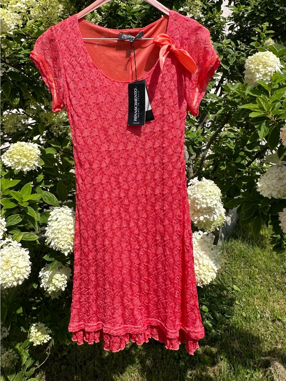 Rinascimento Coral Knit Scoop-Neck Dress with Shoulder Bow